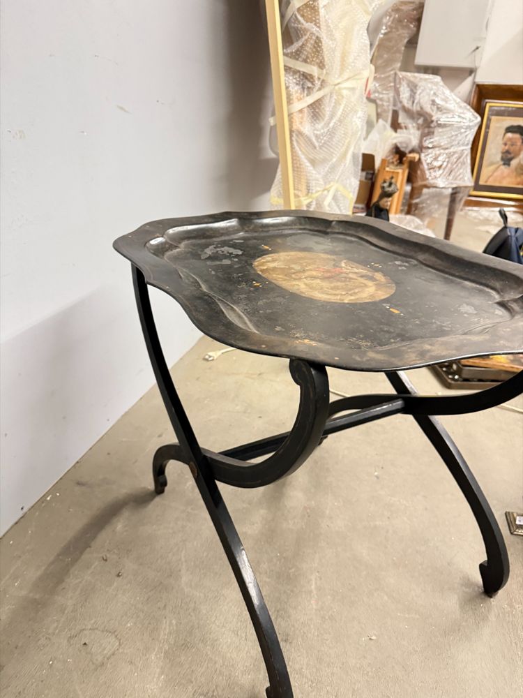 Base de table de pique-nique des années 1850 avec plateau peint, base en bois, 52x56x64cm