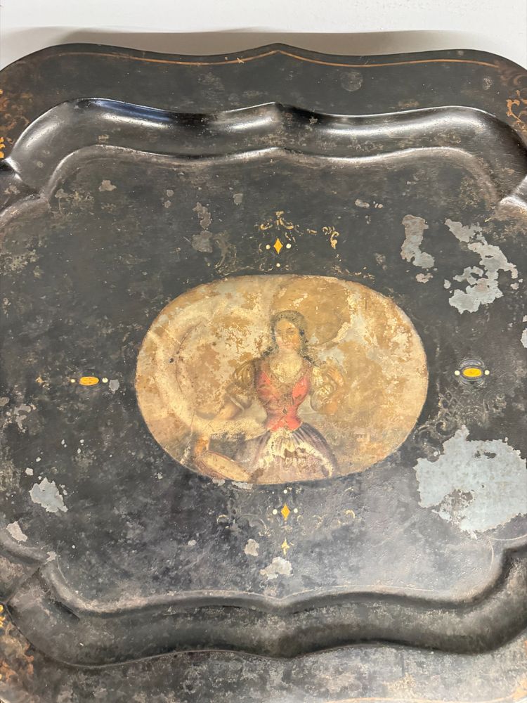 Base de table de pique-nique des années 1850 avec plateau peint, base en bois, 52x56x64cm