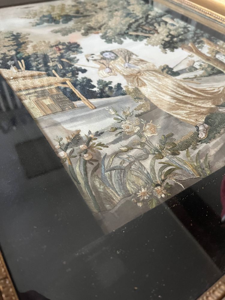 Tableau "Le Bon Pasteur" broderie et peinture XIX° siècle