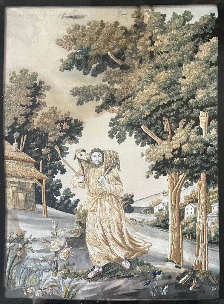Tableau "Le Bon Pasteur" broderie et peinture XIX° siècle