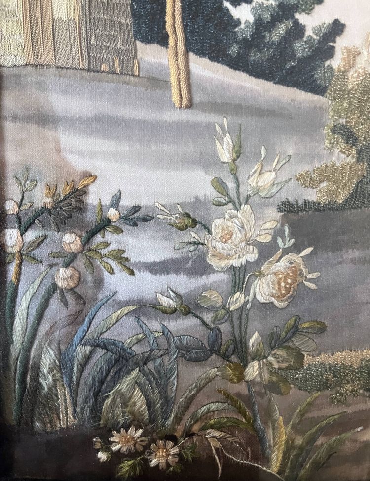 Tableau "Le Bon Pasteur" broderie et peinture XIX° siècle