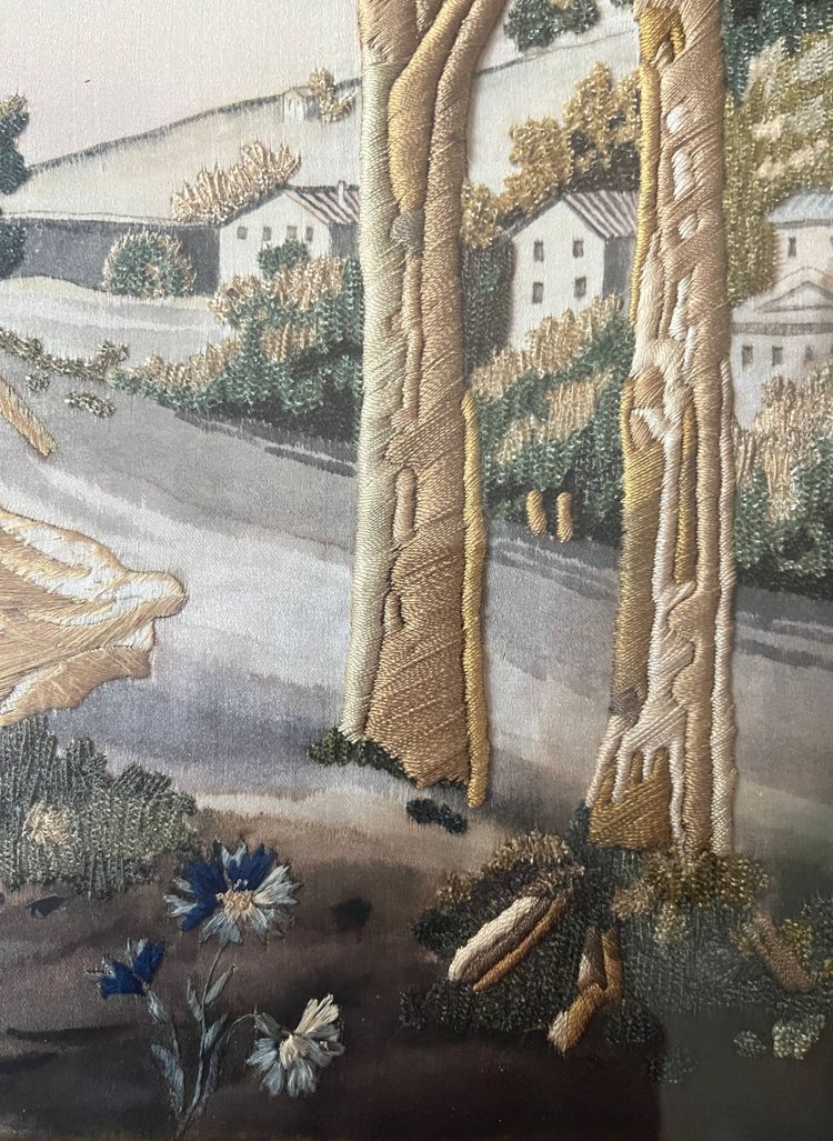 Tableau "Le Bon Pasteur" broderie et peinture XIX° siècle