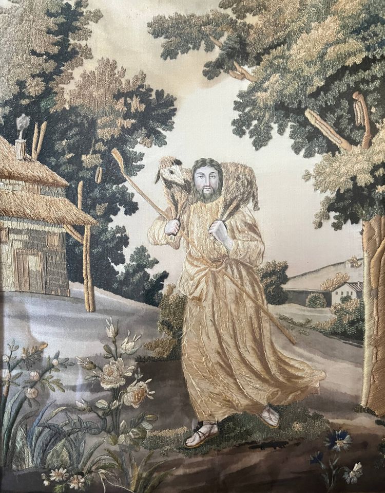 Tableau "Le Bon Pasteur" broderie et peinture XIX° siècle