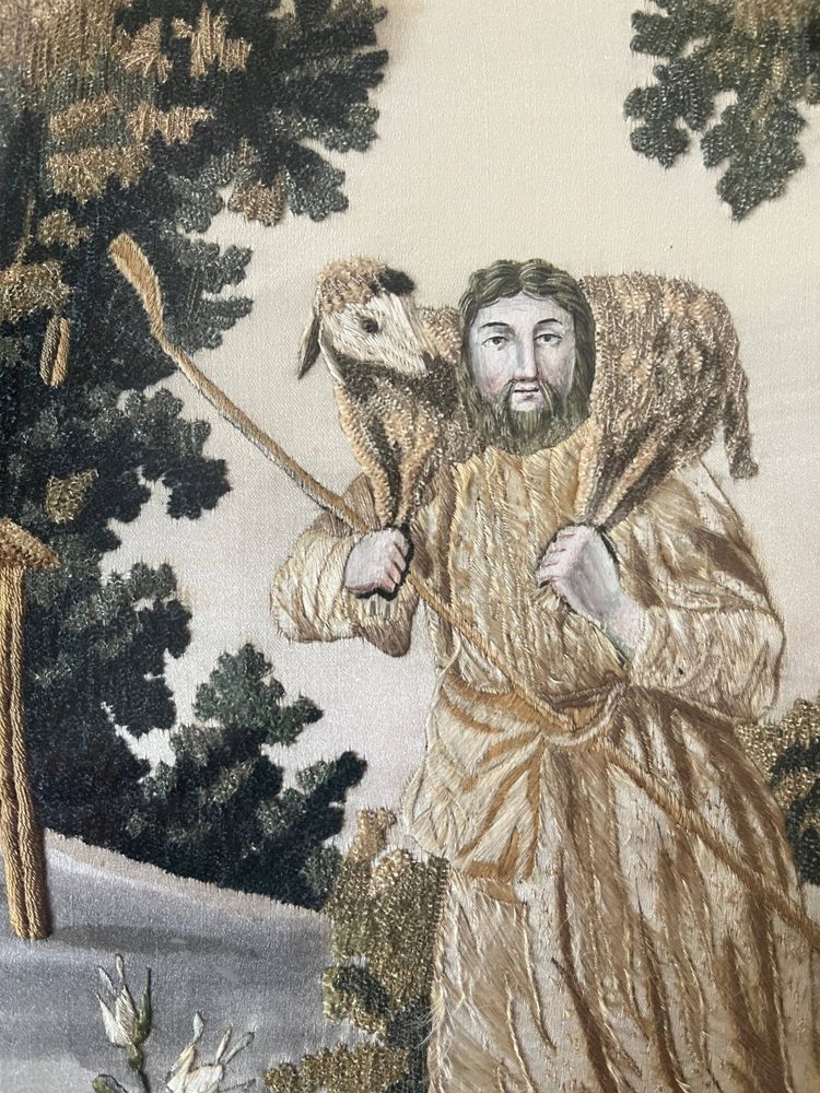 Tableau "Le Bon Pasteur" broderie et peinture XIX° siècle