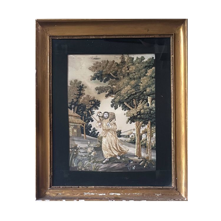 Tableau "Le Bon Pasteur" broderie et peinture XIX° siècle