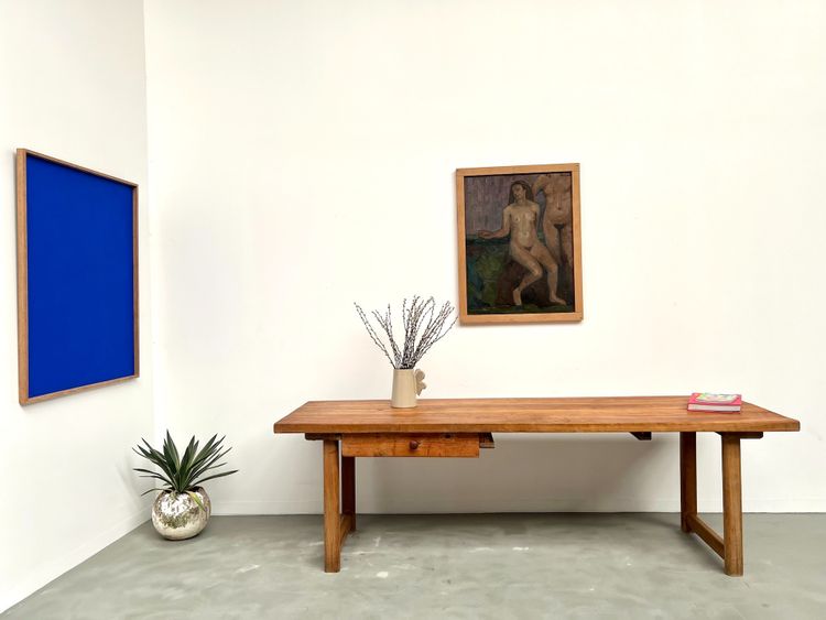 Grande table de ferme brutaliste en hêtre 
