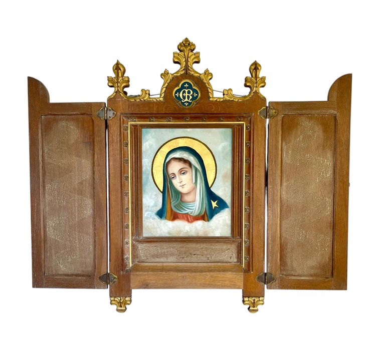 Grand triptyque de dévotion en bois massif – Abbaye de Bonnefontaine – XIXᵉ siècle