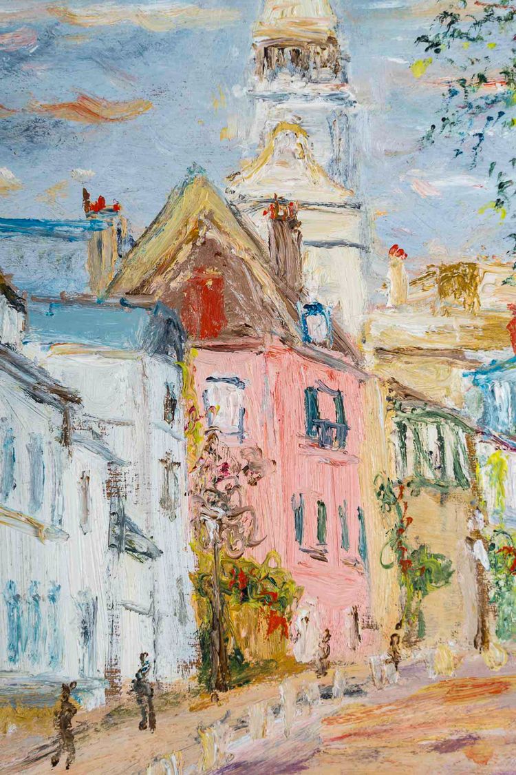 Serge Belloni (1925-2005) - Montmartre Rue de l’abreuvoir au printemps huile sur bois vers 1980