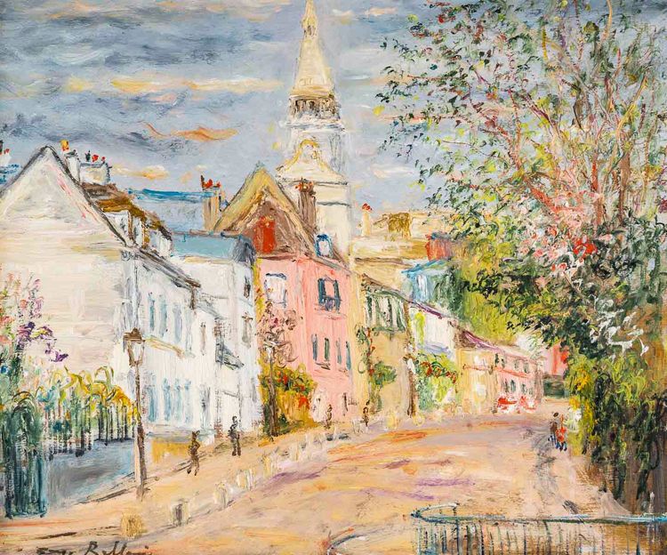 Serge Belloni (1925-2005) - Montmartre Rue de l’abreuvoir au printemps huile sur bois vers 1980