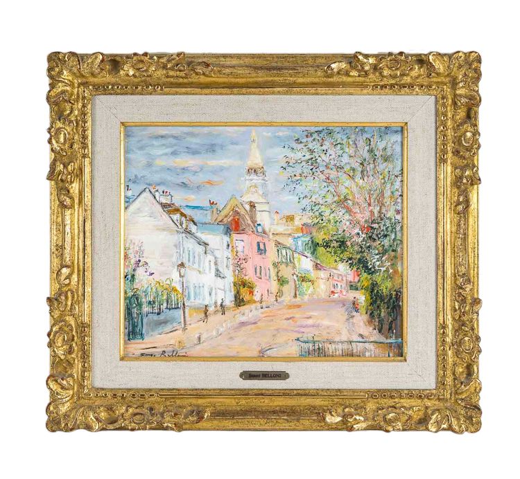 Serge Belloni (1925-2005) - Montmartre Rue de l’abreuvoir au printemps huile sur bois vers 1980
