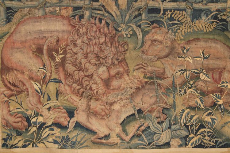 Flemish tapestry animal fight, Flemish workshop, mid-16th century