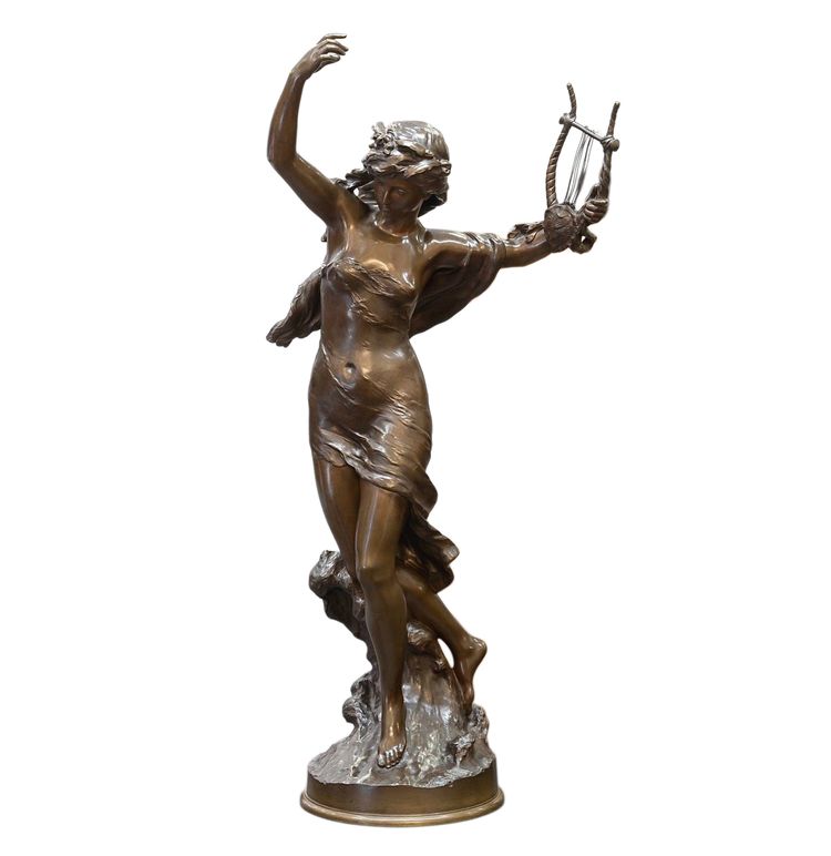 Sculpture - Elegant Woman With A Lyre , Mathurin Moreau (1822-1912) - Bronze