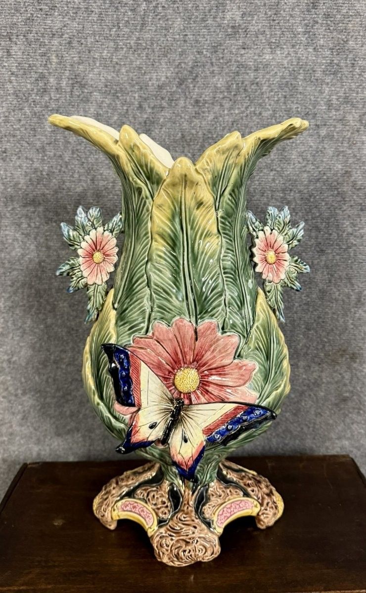 Very Important Butterfly Vase From The Art Nouveau Period In Barbotine