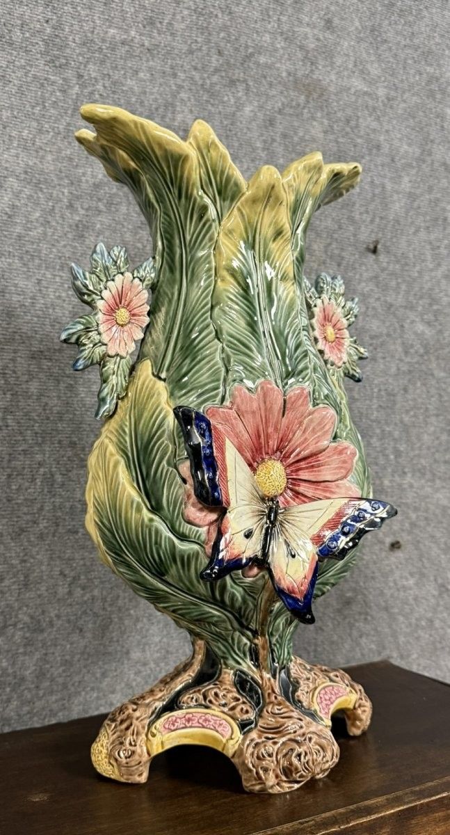 Very Important Butterfly Vase From The Art Nouveau Period In Barbotine