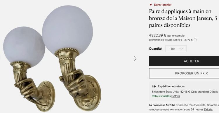 Maison JANSEN Paire d'appliques en bronze doré polychrome, mains et cornes d’abondance