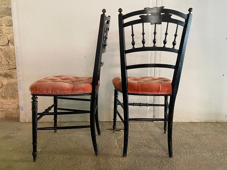 Coppia di sedie Napoleone III con decorazione a uccelli, seduta imbottita in velluto