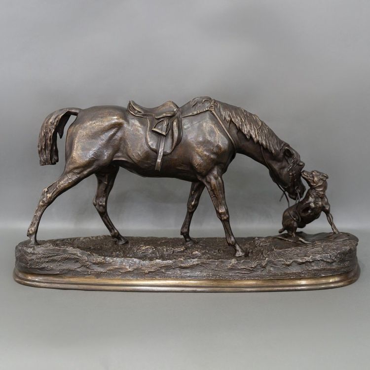 Sculpture - Mare In The Stable Playing With A Dog , Pierre-Jules Mêne (1810-1879) - Bronze
