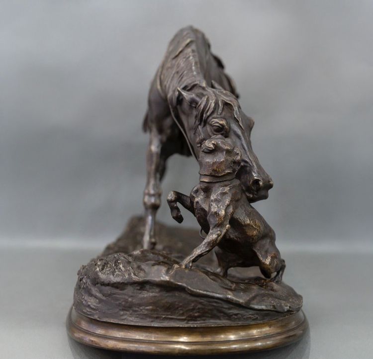 Sculpture - Mare In The Stable Playing With A Dog , Pierre-Jules Mêne (1810-1879) - Bronze