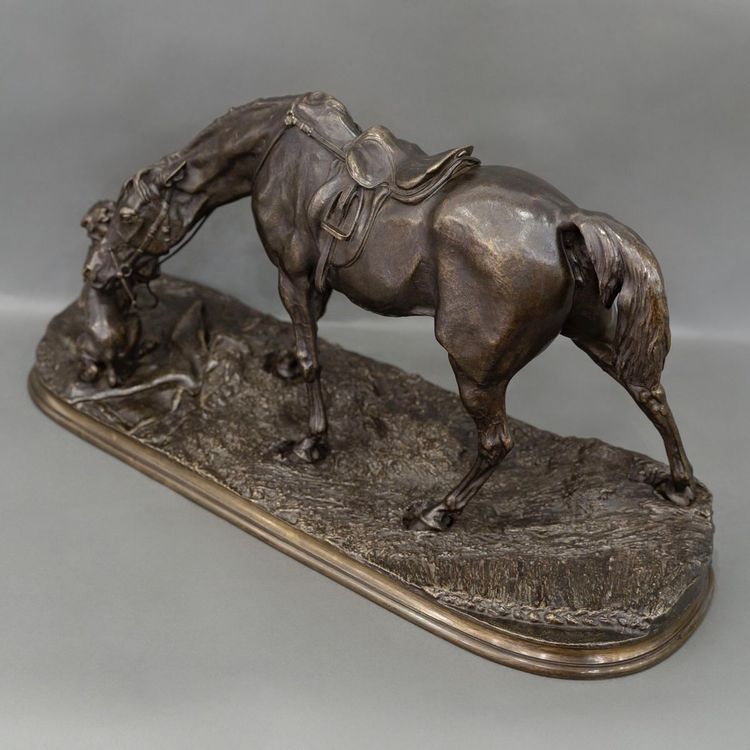 Sculpture - Mare In The Stable Playing With A Dog , Pierre-Jules Mêne (1810-1879) - Bronze