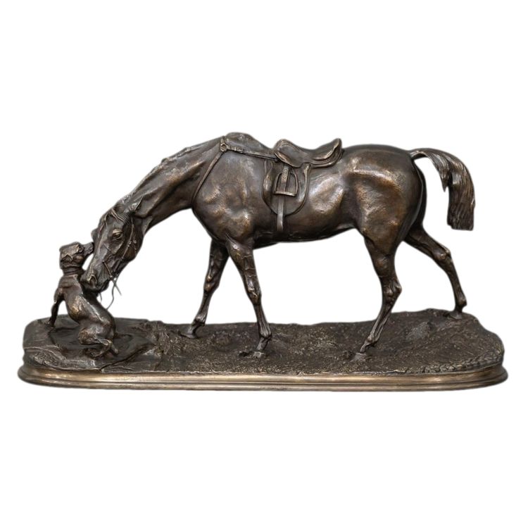 Sculpture - Mare In The Stable Playing With A Dog , Pierre-Jules Mêne (1810-1879) - Bronze