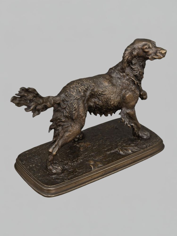Sculpture - Spaniel Dog On The Lookout , Ferdinand Pautrot (1832 - 1874) - Bronze