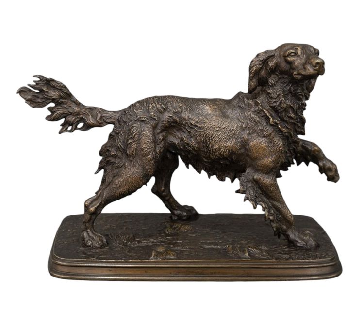 Sculpture - Spaniel Dog On The Lookout , Ferdinand Pautrot (1832 - 1874) - Bronze