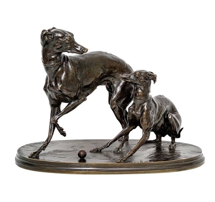 Gruppo in bronzo "Due levrieri che giocano a bocce", Pierre-Jules Mêne (1810-1879)