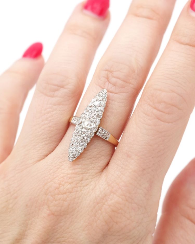 Anello con diamanti Marquise in oro 18k e platino, anello Belle Epoque, anello antico, matrimonio