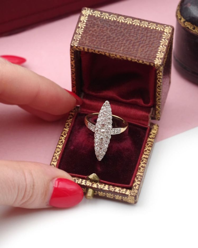 Anello con diamanti Marquise in oro 18k e platino, anello Belle Epoque, anello antico, matrimonio