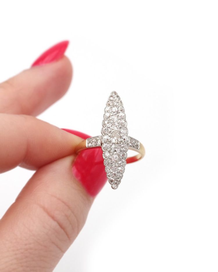 Anello con diamanti Marquise in oro 18k e platino, anello Belle Epoque, anello antico, matrimonio