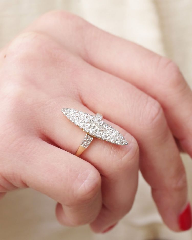 Anello con diamanti Marquise in oro 18k e platino, anello Belle Epoque, anello antico, matrimonio