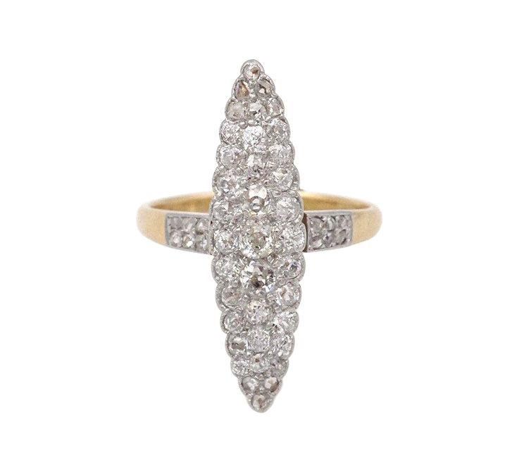 Anello con diamanti Marquise in oro 18k e platino, anello Belle Epoque, anello antico, matrimonio