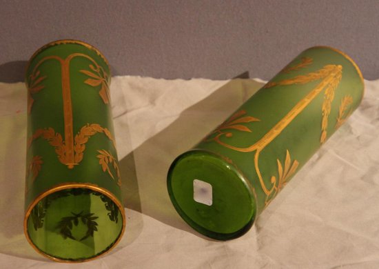 Paire De Vases En Verre, Vert Et Or, d'époque Napoléon III