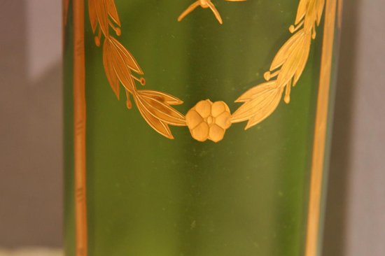 Paire De Vases En Verre, Vert Et Or, d'époque Napoléon III