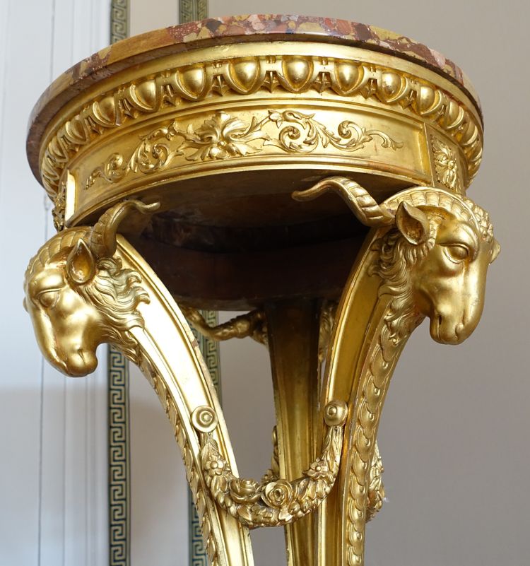 Athenian pedestal table in carved and gilded wood, Louis XVI style, Aleppo breccia marble