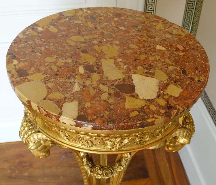 Athenian pedestal table in carved and gilded wood, Louis XVI style, Aleppo breccia marble