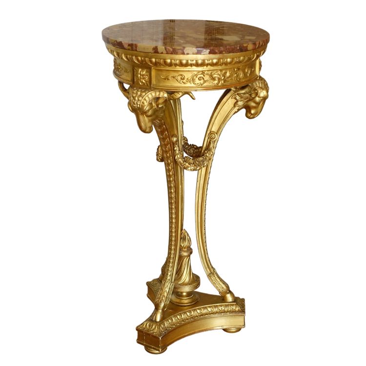 Athenian pedestal table in carved and gilded wood, Louis XVI style, Aleppo breccia marble