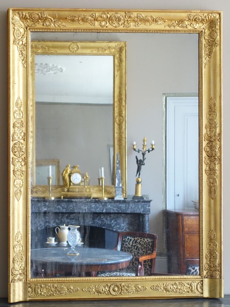 Specchio da camino in stile Impero, in legno dorato con vetro al mercurio - 91,5 cm x 123 cm