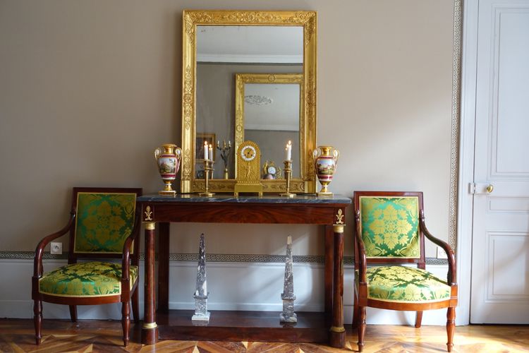 Specchio da camino in stile Impero, in legno dorato con vetro al mercurio - 91,5 cm x 123 cm