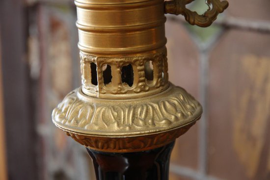Paire De Lampes à Huile En Céramique à Motifs De Chinoiseries, Verre Et Bronze Doré, XIXe