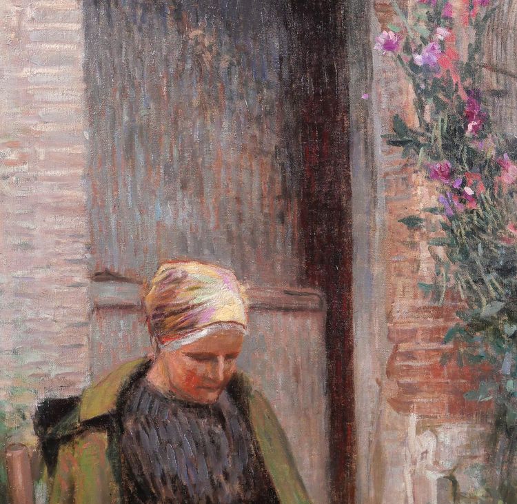 Impressionistische Schule um 1890–1900, Frau im Garten sitzend, großes Gemälde, Barbizon, Normandie