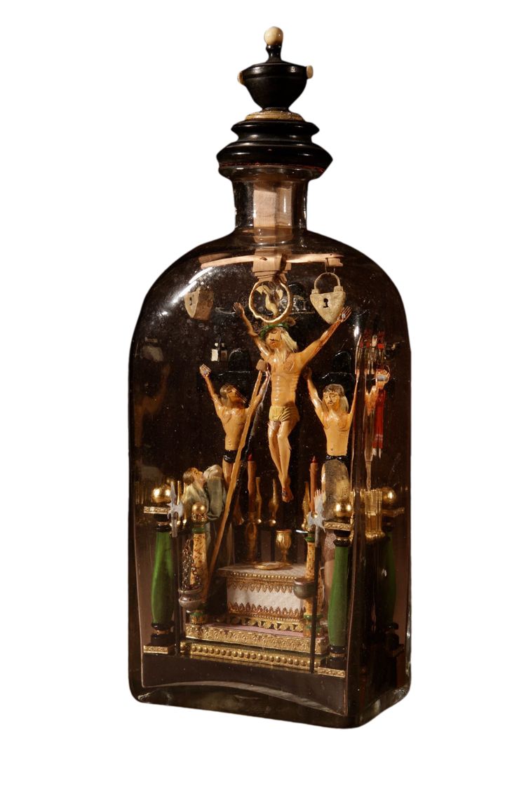Volkskunst-Kolvarienberg in der Flasche, Süddeutschland/Österreich.