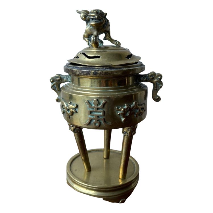 Brûle-parfum en bronze Indochine décor chien de Fo pied tripode