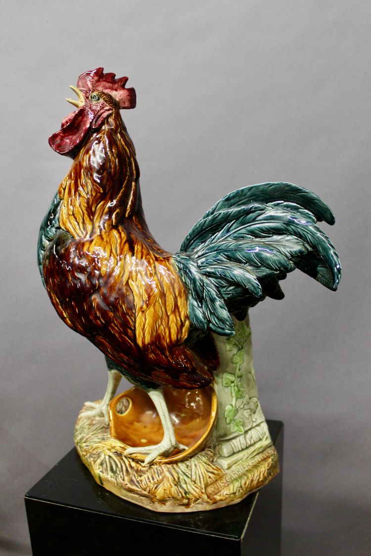 COQ en faience polychrome émaillée par Louis Robert Carrier Belleuse 55 cm de haut