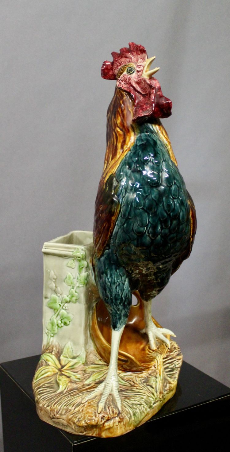 COQ en faience polychrome émaillée par Louis Robert Carrier Belleuse 55 cm de haut