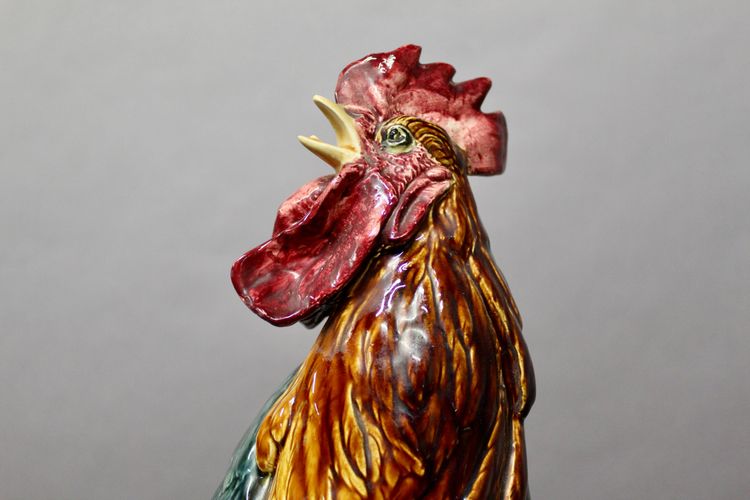 COQ en faience polychrome émaillée par Louis Robert Carrier Belleuse 55 cm de haut