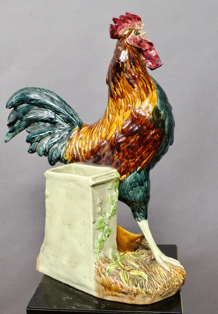 COQ en faience polychrome émaillée par Louis Robert Carrier Belleuse 55 cm de haut