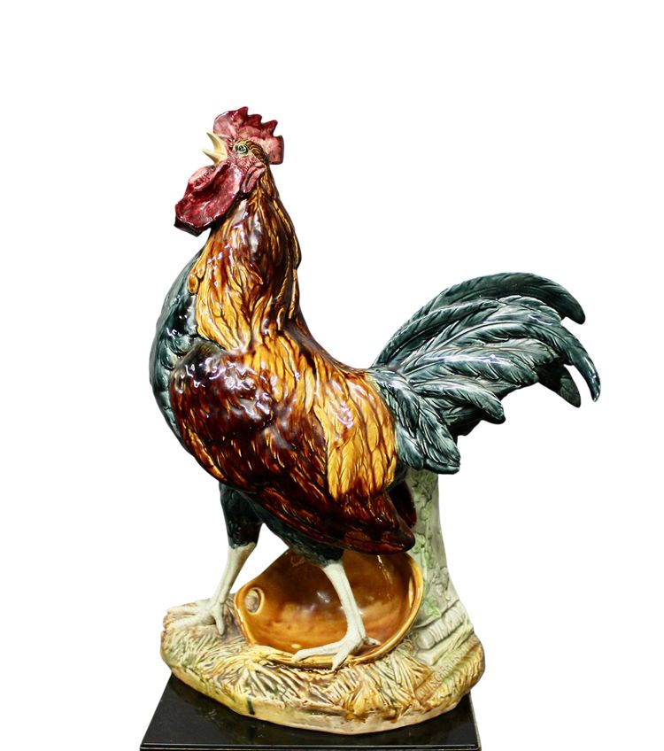 COQ en faience polychrome émaillée par Louis Robert Carrier Belleuse 55 cm de haut
