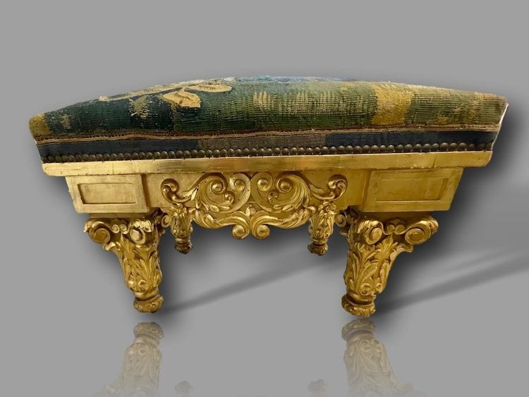 Importante Banquette Louis XIII – Bois Massif Doré, Tapisserie D’aubusson 17e Siècle