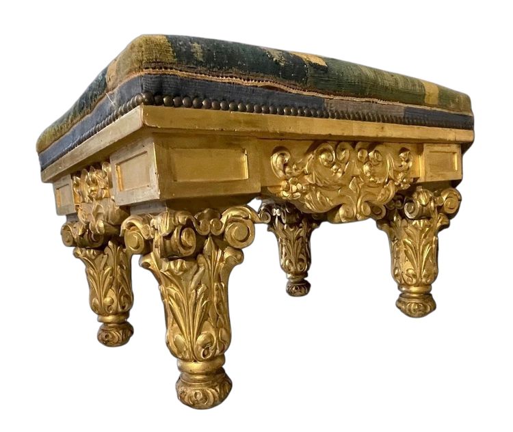Importante Banquette Louis XIII – Bois Massif Doré, Tapisserie D’aubusson 17e Siècle